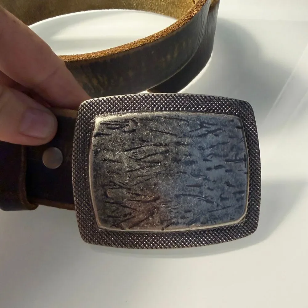 VTG Bill Adler Distressed Brown Leather Belt with Textured Silver Trophy Plate B